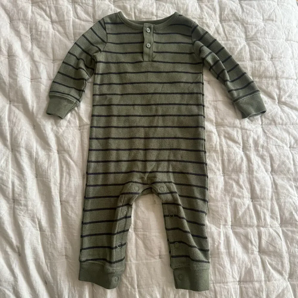 Carter’s Green Stripe Henley Romper Ribbed Thermal Waffle Knit Baby Boy 9 Months